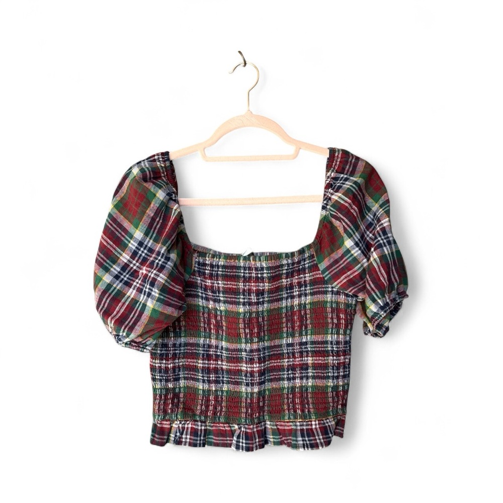 American Eagle Outfitters Multicolor Plaid Puff Sleeve Crop Top Size Medium